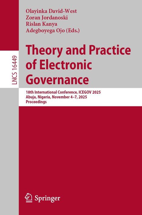 „Theory and Practice of Electronic Governance“, ICEGOV 2025, Abuja, Nigeria. Graue und rote Bereiche, Springer-Logo unten.