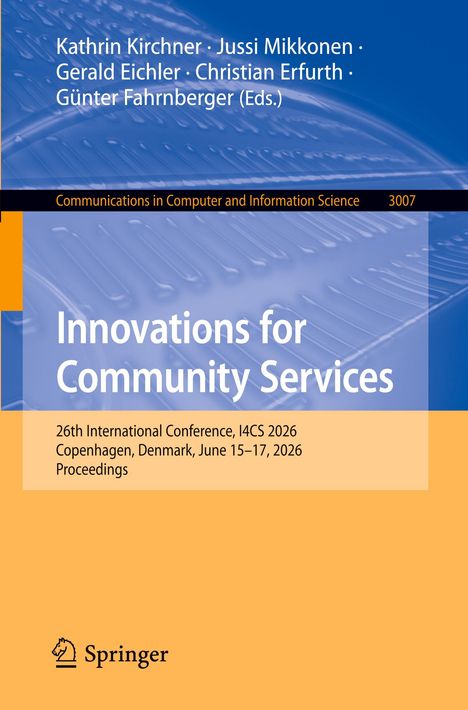 Titel: "Innovations for Community Services", Konferenz: I4CS 2026, Kopenhagen, 15.–17. Juni 2026. Oben blaue Grafik, unten orange.