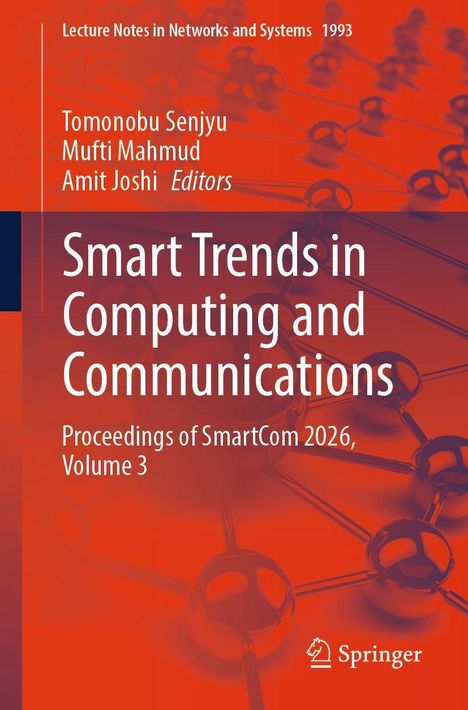 "Smart Trends in Computing and Communications" steht groß auf einem orangefarbenen Hintergrund mit Muster.