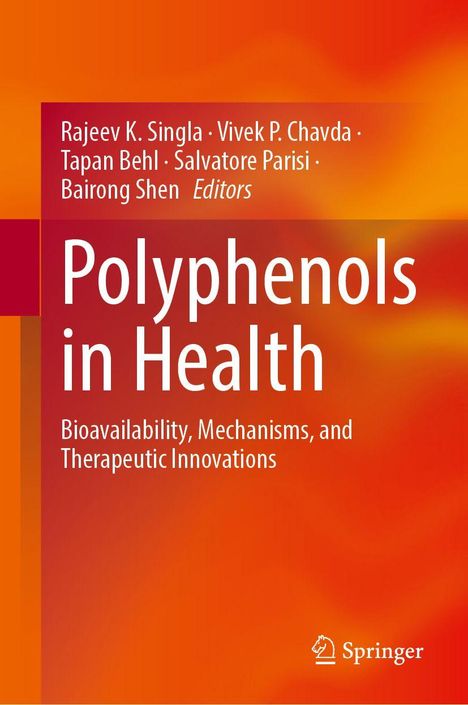 "Polyphenols in Health: Bioavailability, Mechanisms, and Therapeutic Innovations" steht auf einem orange-roten Hintergrund.