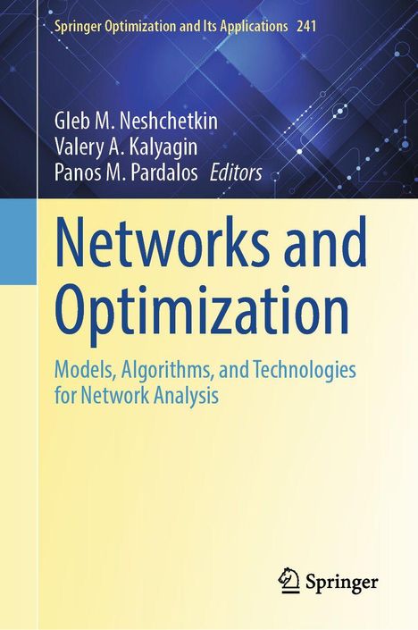 Titel: Networks and Optimization. Untertitel: Models, Algorithms, and Technologies for Network Analysis. Oben dunkelblau, unten gelb.