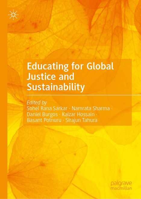 "Educating for Global Justice and Sustainability" von mehreren Herausgebern, auf orange-gelbem Hintergrund mit Blättermuster.