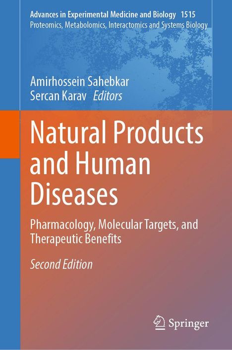 „Natural Products and Human Diseases: Pharmacology, Molecular Targets, and Therapeutic Benefits“. Blaue und orange Farbgestaltung.