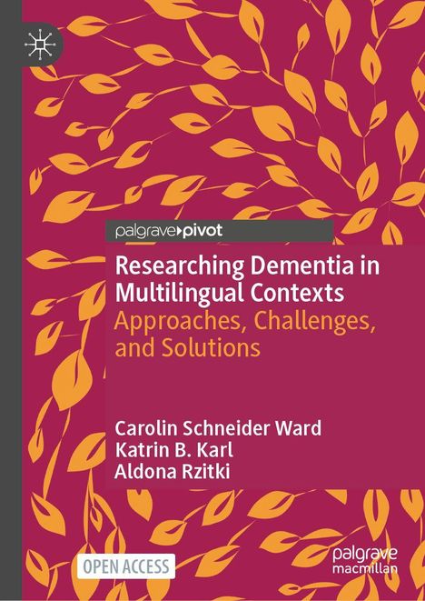 Titel: "Researching Dementia in Multilingual Contexts". Orangene Blätter auf rotem Hintergrund.