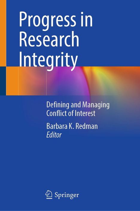 "Progress in Research Integrity" und "Defining and Managing Conflict of Interest" auf einem blauen Hintergrund mit bunten Akzenten.