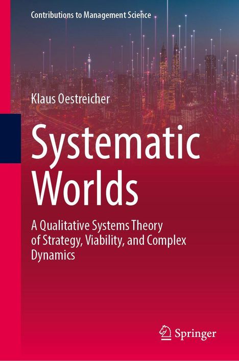 "Systematic Worlds" von Klaus Oestreicher. Skyline bei Nacht, futuristisch mit leuchtenden Linien, Springer-Logo.