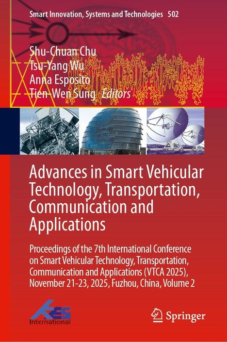 Text: "Advances in Smart Vehicular Technology, Transportation, Communication and Applications." Roter Hintergrund, technische Bilder.