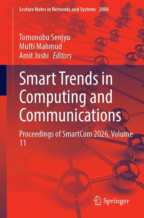 Titel: "Smart Trends in Computing and Communications", rote Hintergründe, abstraktes Netzwerk-Design.