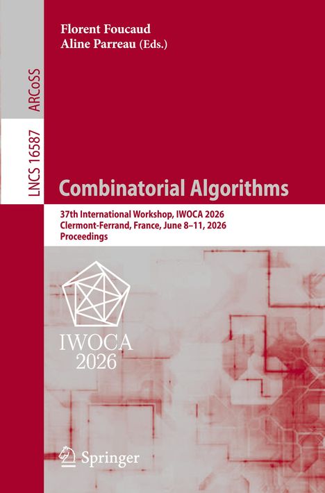 Titel: Combinatorial Algorithms. IWOTA 2026 Logo und geometrisches Muster auf rotem Hintergrund.
