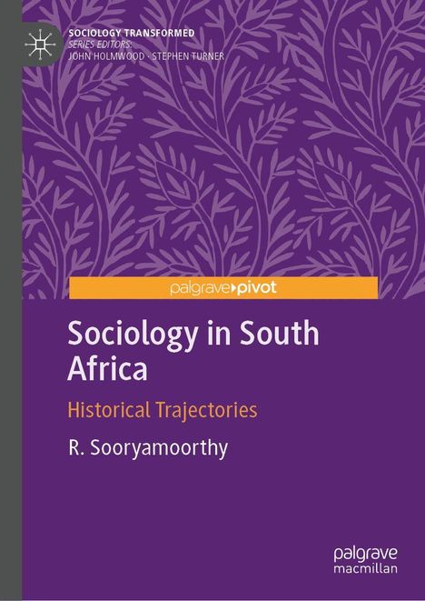 Buchcover mit lila Hintergrund und Pflanzenmuster. Text: "Sociology in South Africa" von R. Sooryamoorthy.
