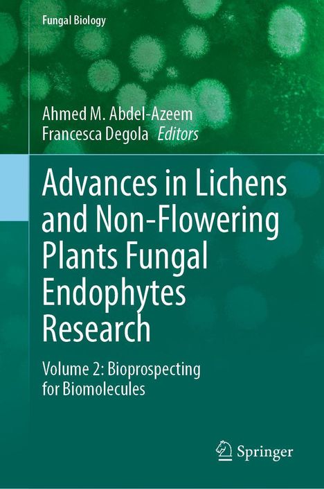 Text: "Advances in Lichens and Non-Flowering Plants Fungal Endophytes Research." Grüner Hintergrund mit Punktmustern.