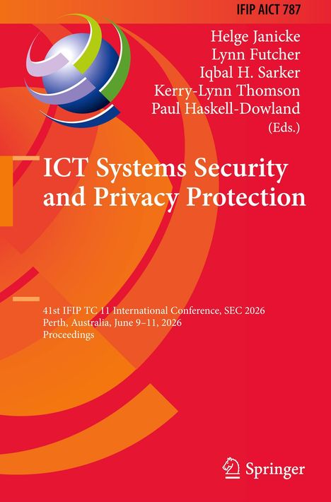 Titel: "ICT Systems Security and Privacy Protection". Roter Hintergrund, kreisförmige Grafik, Springer Logo.