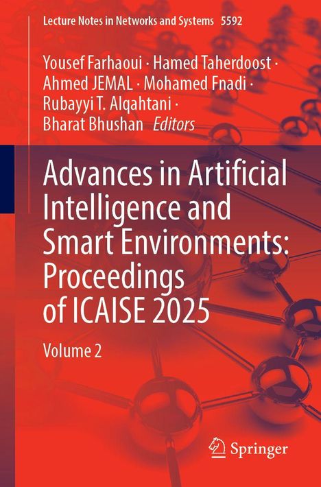 Titel: "Advances in Artificial Intelligence and Smart Environments: Proceedings of ICAISE 2025". Rote abstrakte Illustration.