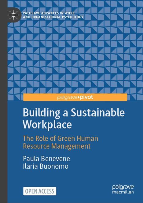 "Building a Sustainable Workplace" von Paula Benevene und Ilaria Buonomo. Blaues geometrisches Muster.
