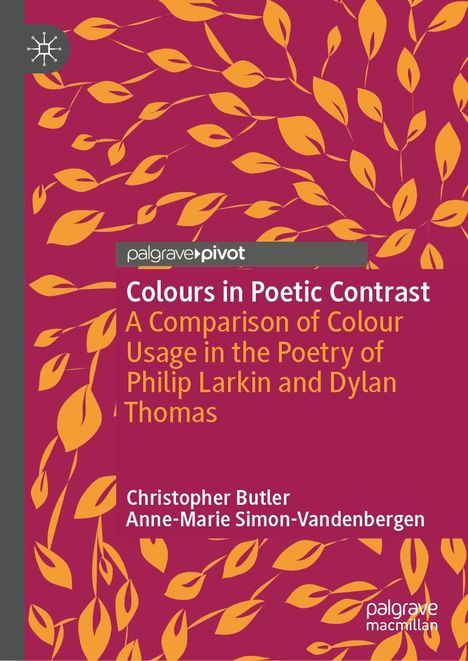"Colours in Poetic Contrast" von Christopher Butler. Illustration mit gelben Blättern auf rotem Hintergrund. Logo oben links.