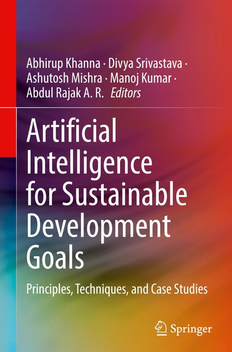 Text: "Artificial Intelligence for Sustainable Development Goals". Farbiger Hintergrund in Rot-Orange-Tönen.
