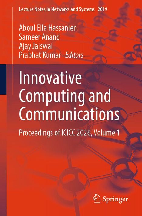 Titel: Innovative Computing and Communications, Proceedings of ICICC 2026, Volume 1. Rotes Hintergrunddesign mit Molekülstruktur.