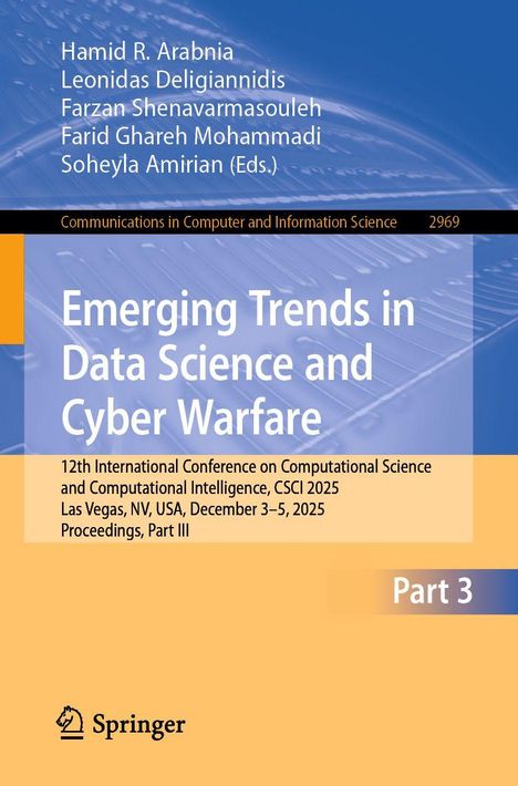 Emerging Trends in Data Science and Cyber Warfare. Konferenzdetails unten. Gelbes und blaues Design mit Springer-Logo.