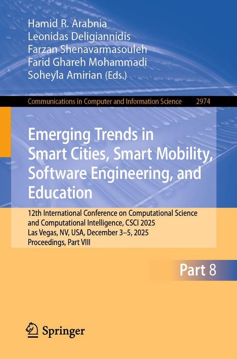 Text: "Emerging Trends in Smart Cities, Smart Mobility, Software Engineering, and Education." Design: Blau-orangene Farben, Springer-Logo.