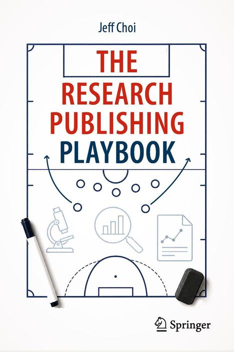 Titel: "The Research Publishing Playbook". Eine Fußballfeld-Illustration mit Pfeilen und Forschungssymbolen.