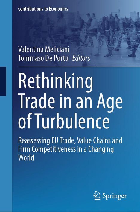 Buchcover: "Rethinking Trade in an Age of Turbulence", Herausgeber: Meliciani, De Portu, Springer-Logo unten.