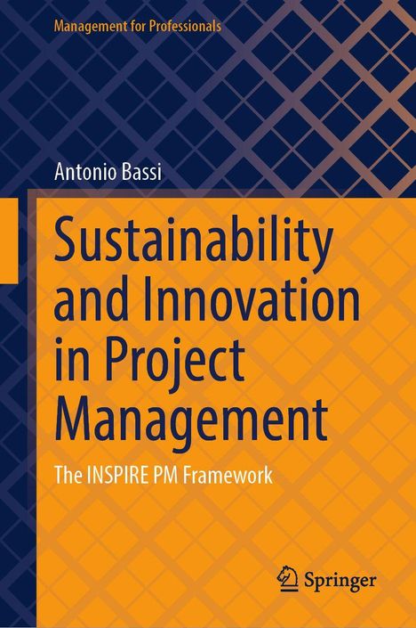 Der Titel lautet "Sustainability and Innovation in Project Management". Der Hintergrund ist gemustert in Blau und Orange.