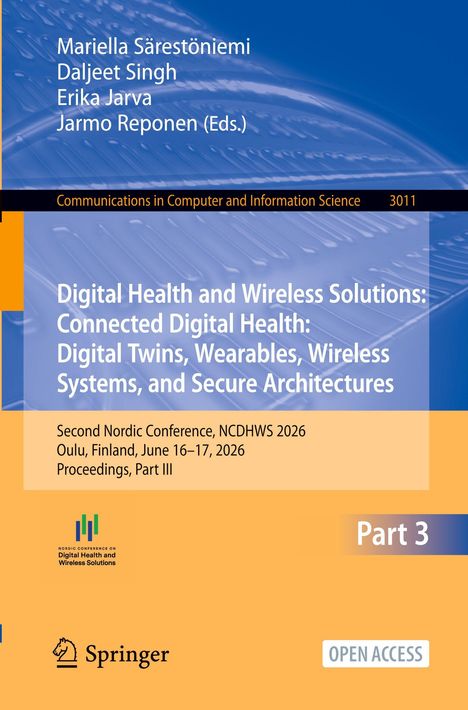 Digital Health and Wireless Solutions: Konferenz, NCDHWS 2026, Oulu. Blau-orangefarbener Hintergrund mit Logo.