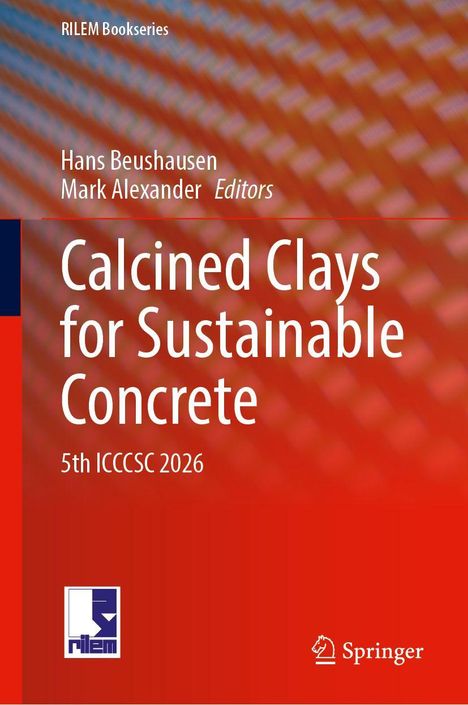 "Calcined Clays for Sustainable Concrete," 5th ICCCSC 2026. Rote und blaue geometrische Muster, RILEM-Logo.