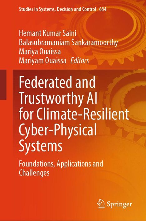 „Federated and Trustworthy AI for Climate-Resilient Cyber-Physical Systems“. Orange Hintergrund mit Zahnrad-Design. Springer-Logo.