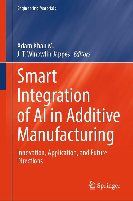 "Smart Integration of AI in Additive Manufacturing" in weißem Text auf rotem Hintergrund, mit blauem Bereich oben.