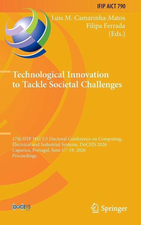 "Technological Innovation to Tackle Societal Challenges" vor orangefarbenem Hintergrund mit abstrakten Formen und einem Logo.
