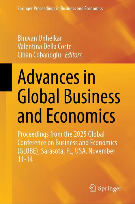 Text: "Advances in Global Business and Economics." Orange Hintergrund, Titel oben, Springer-Logo unten.