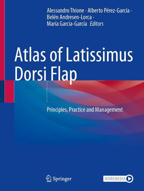 "Atlas of Latissimus Dorsi Flap: Principles, Practice and Management. Autoren oben, Springer-Logo unten. Hintergrund blau."