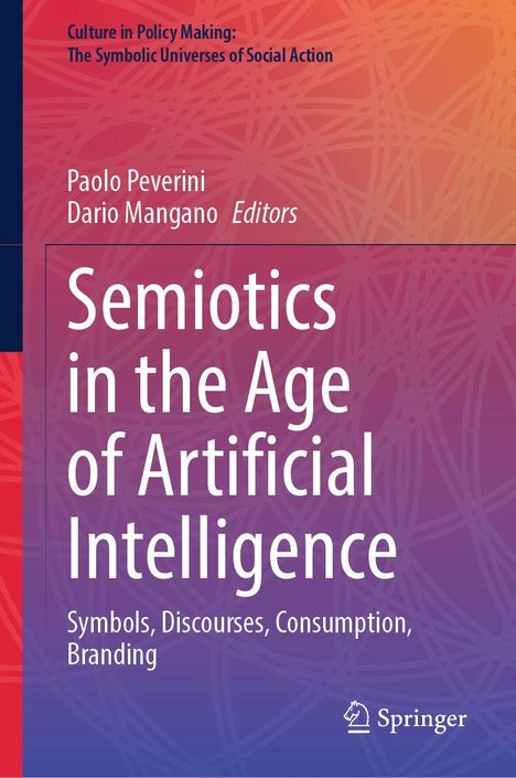 Titel: "Semiotics in the Age of Artificial Intelligence". Rot-lila Hintergrund, Autoren: Paolo Peverini, Dario Mangano.