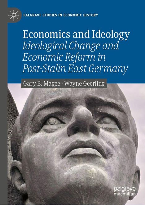 Buchtitel: Economics and Ideology. Autoren: Gary B. Magee, Wayne Geerling. Großes Steingesicht in Nahaufnahme.