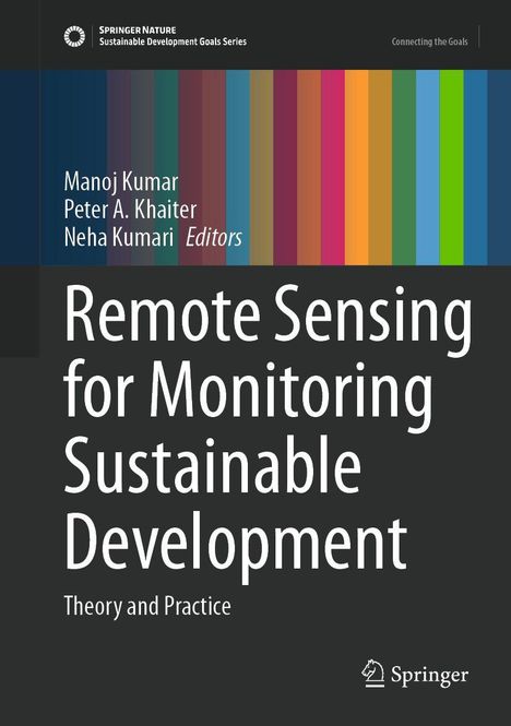 Auf schwarzem Hintergrund steht „Remote Sensing for Monitoring Sustainable Development“, bunte vertikale Streifen.