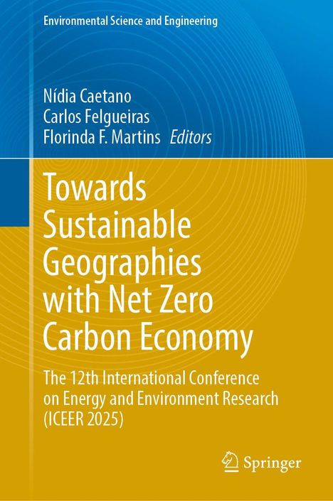 „Towards Sustainable Geographies with Net Zero Carbon Economy“ steht in großen Buchstaben auf gelbem Hintergrund. Springer-Logo.