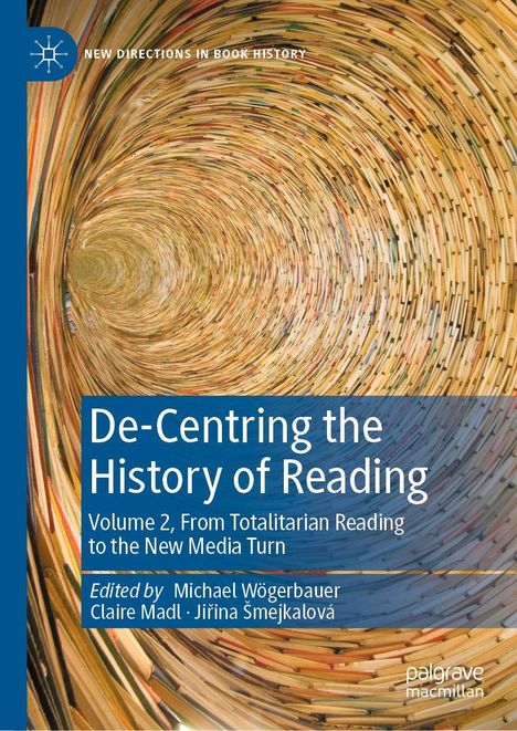 "De-Centring the History of Reading," herausgegeben von Michael Wögerbauer et al. Abstrakte Spirale aus Büchern als Hintergrund.