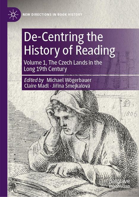 Titel: "De-Centring the History of Reading". Illustration eines Lesers mit einem Buch. Links oben ein lila Rechteck mit Text.