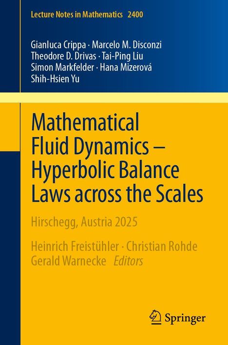 Buchcover: "Mathematical Fluid Dynamics – Hyperbolic Balance Laws across the Scales". Springer-Logo unten rechts.