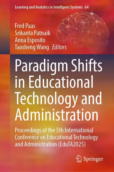Titel: "Paradigm Shifts in Educational Technology and Administration". Farbverlauf im Hintergrund mit Gehirn-Illustration.