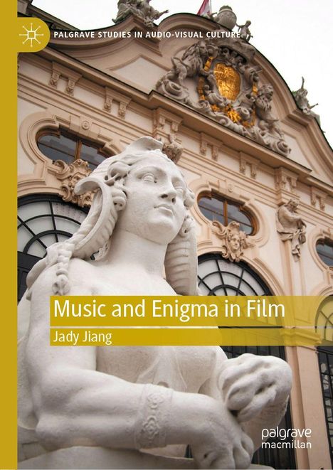 „Music and Enigma in Film“ von Jady Jiang. Eine Statuenillustration vor einem reich verzierten historischen Gebäude.