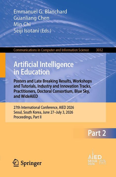 "Artificial Intelligence in Education" steht in Weiß auf Blau. Unten: Konferenzdetails, gelber Hintergrund, Springer-Logo.