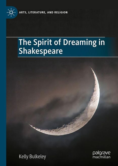 Text: "The Spirit of Dreaming in Shakespeare". "Kelly Bulkeley". Logo: Arts, Literature, and Religion. Bild einer Mondsichel.