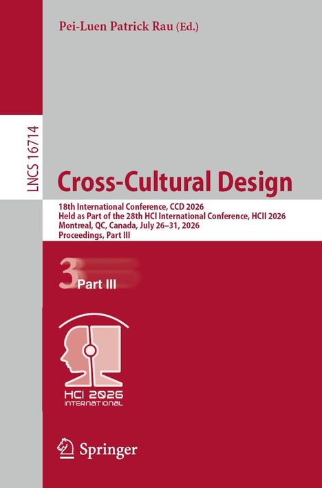 Titel: Cross-Cultural Design. Konferenzdetails: CCD 2026, Montreal. Logo mit Kopf und Headset. Springer-Logo unten.