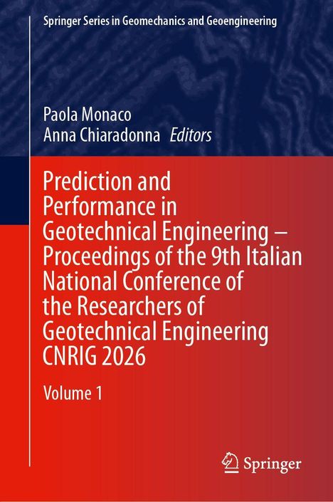 Titel: "Prediction and Performance in Geotechnical Engineering", Herausgeber: Paola Monaco, Anna Chiaradonna. Rot-blaues Design.