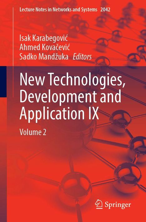 Ein wissenschaftliches Cover mit Text: "Lecture Notes in Networks and Systems 2042, New Technologies, Development and Application IX, Volume 2". Oben Namen von drei Editoren. Unten ein Springer-Logo.