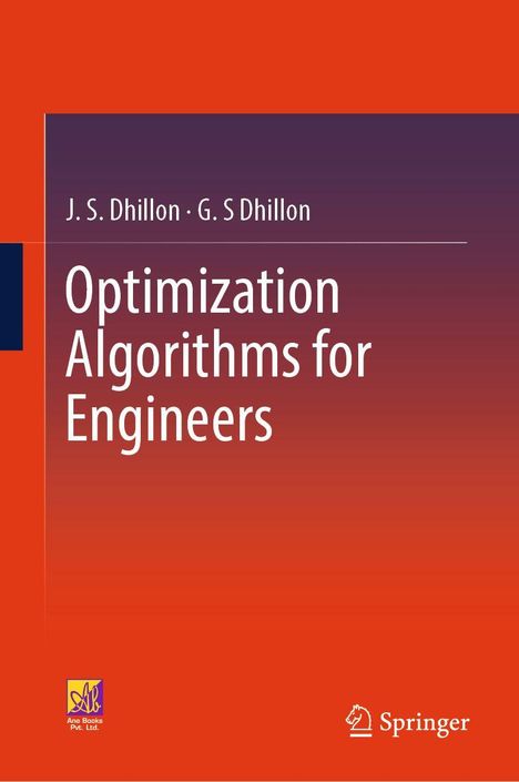 Titel: "Optimization Algorithms for Engineers". Autoren: J. S. Dhillon, G. S Dhillon. Logo: Springer. Hintergrund: Farbübergang von orange zu dunkelrot.