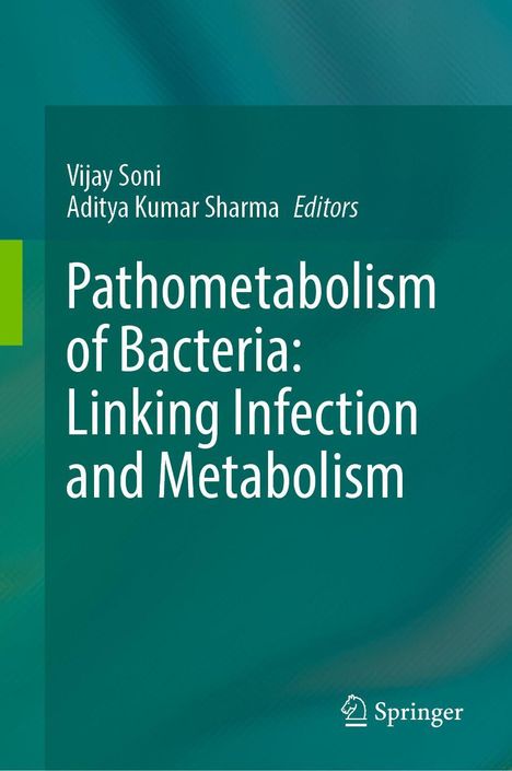 "Pathometabolism of Bacteria: Linking Infection and Metabolism" steht in weißer Schrift auf grünem Hintergrund. Springer-Logo.
