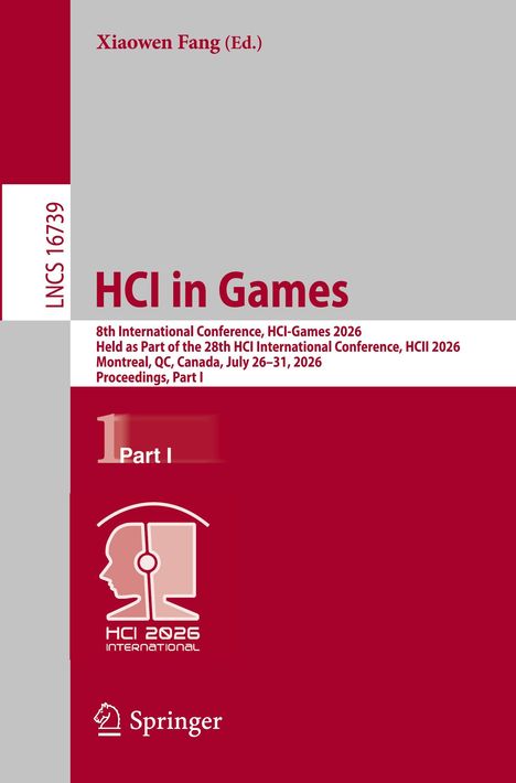 Text "HCI in Games", Konferenzdetails, "Part I". Logo mit Kopf-Symbol und Kopfhörer. Springer-Logo unten.